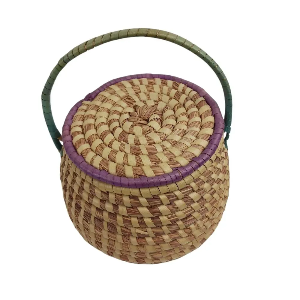 Vtg Sweetgrass Basket With Lid Low Country Single Handle Gullah